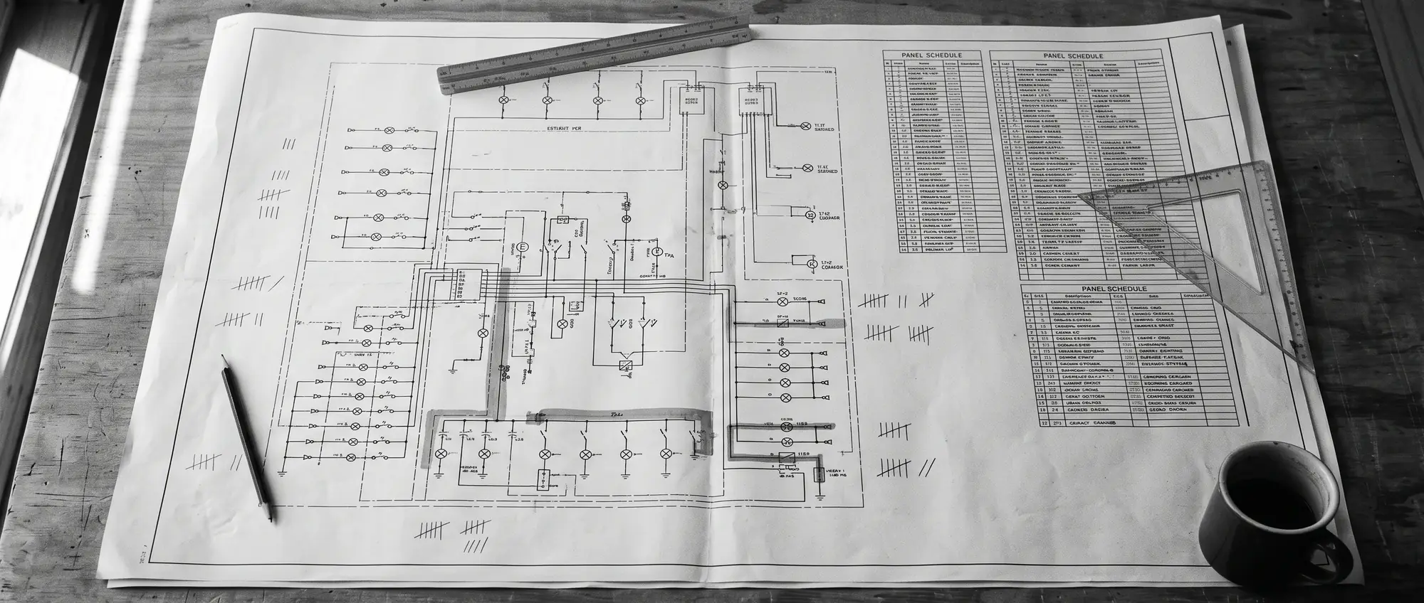 Electrical construction drawing on a work table with panel schedules, a scale ruler and hand-tallied takeoff marks