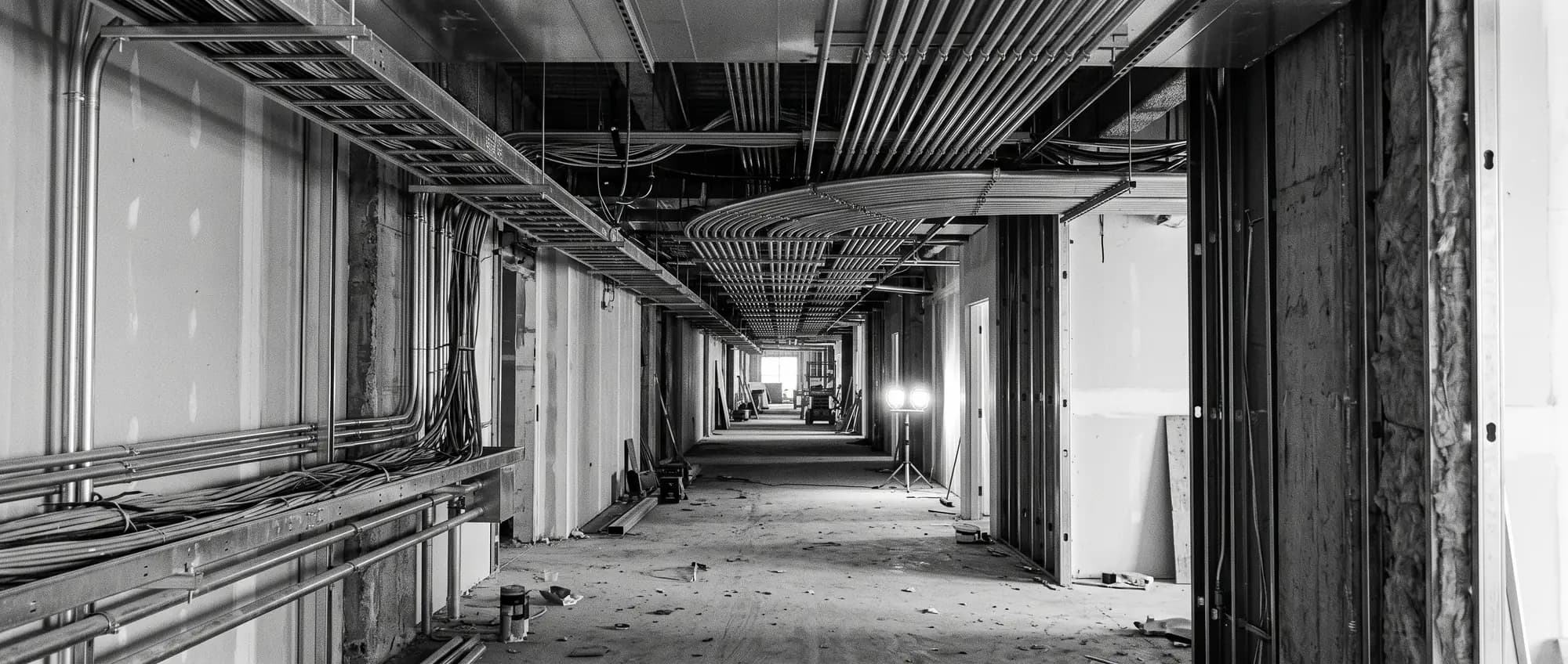 A mechanical corridor in a building under construction, with overhead cable trays and banks of electrical conduit