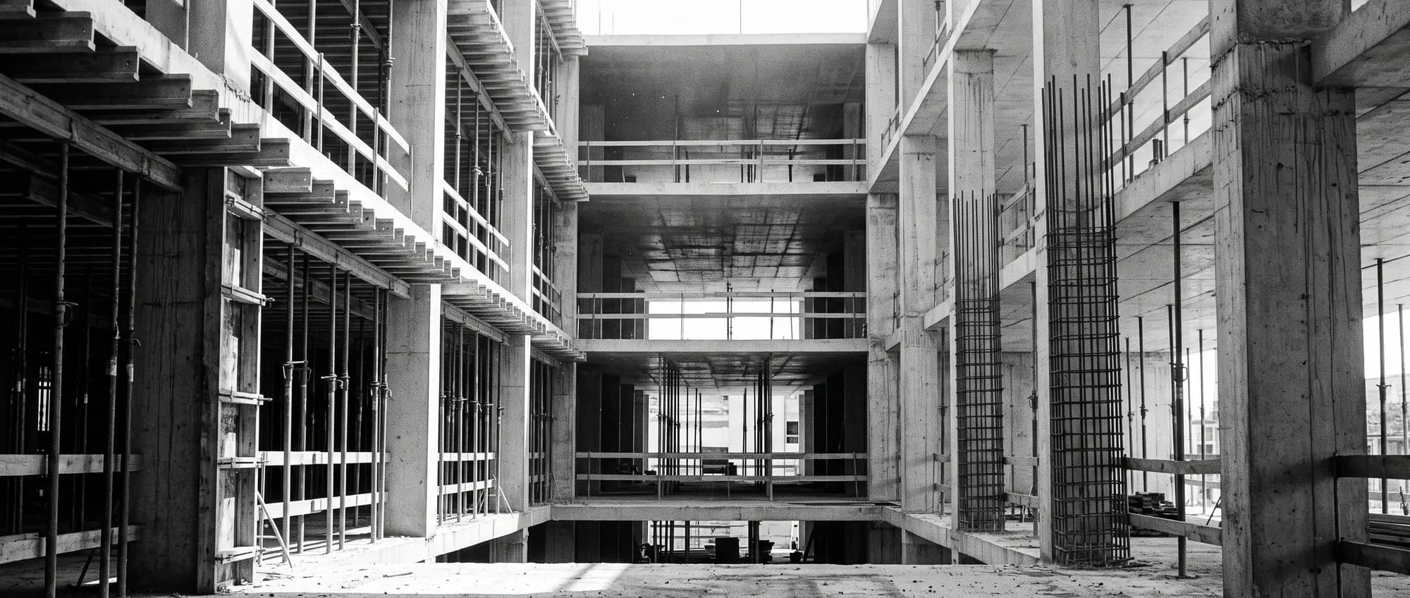 The bare concrete structure of a building in early construction, with formwork and floor slabs before any finishes